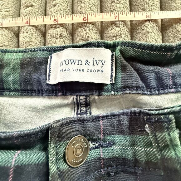 Crown&Ivy Plaid Cotton/Span 5 Pocket Pants Women 4 R High Rise Skinny Blue Green - Picture 4 of 9